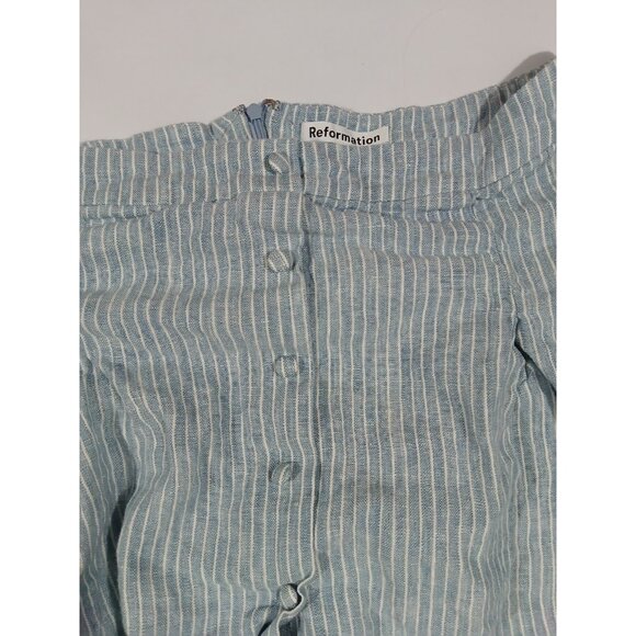 Reformation Carol Linen Pleated Mini Skirt Size 10 Blue Stripe Buttons Preppy - Picture 5 of 12